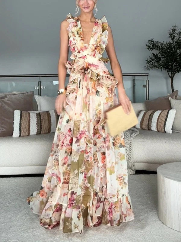 Women's Wedding Guest Dress with V-Neck & Ruffle | Floral