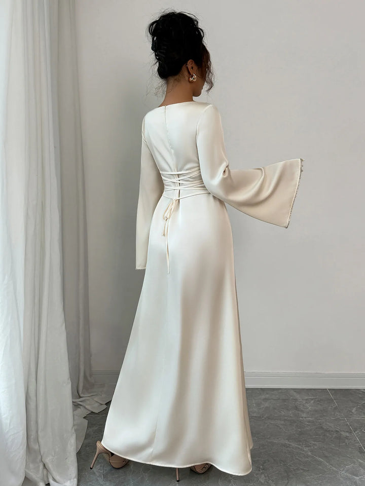 Nikaia | Women's Long Sleeve Formal Maxi Dress | Bell Sleeve White