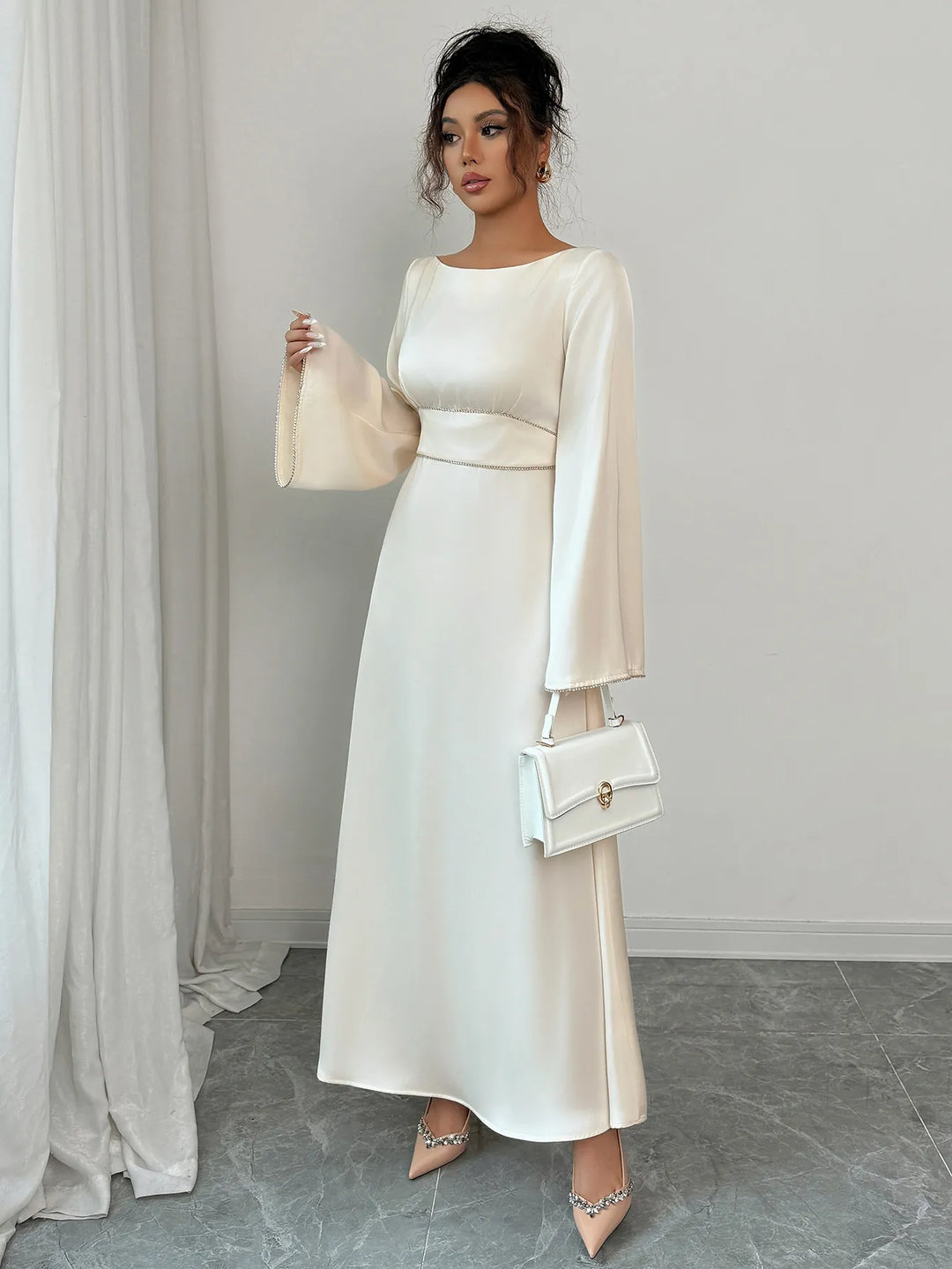 Nikaia | Women's Long Sleeve Formal Maxi Dress | Bell Sleeve White