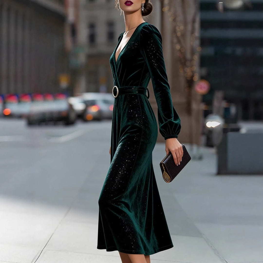 Muirenn | Winter Dress V-Neck & Belt | Long Sleeve